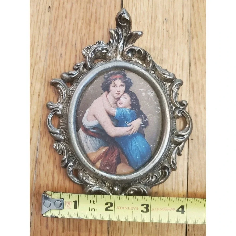 Victorian Ornate Brass Metal Frame Italian Silk Art Picture Mother & Child 6.5''